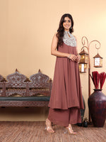 Thumbnail for Varanga Women Nude Yoke Embroidered Sleeveless Flared Kurta With Trousers - Distacart
