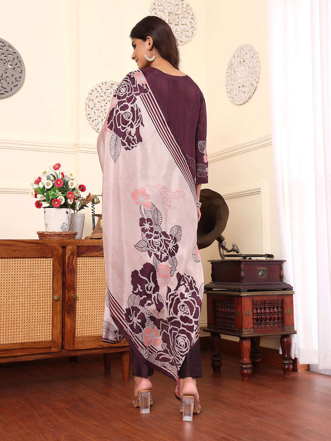 Varanga Women Pure Purple Floral Printed Kurta Set And Dupatta - Distacart