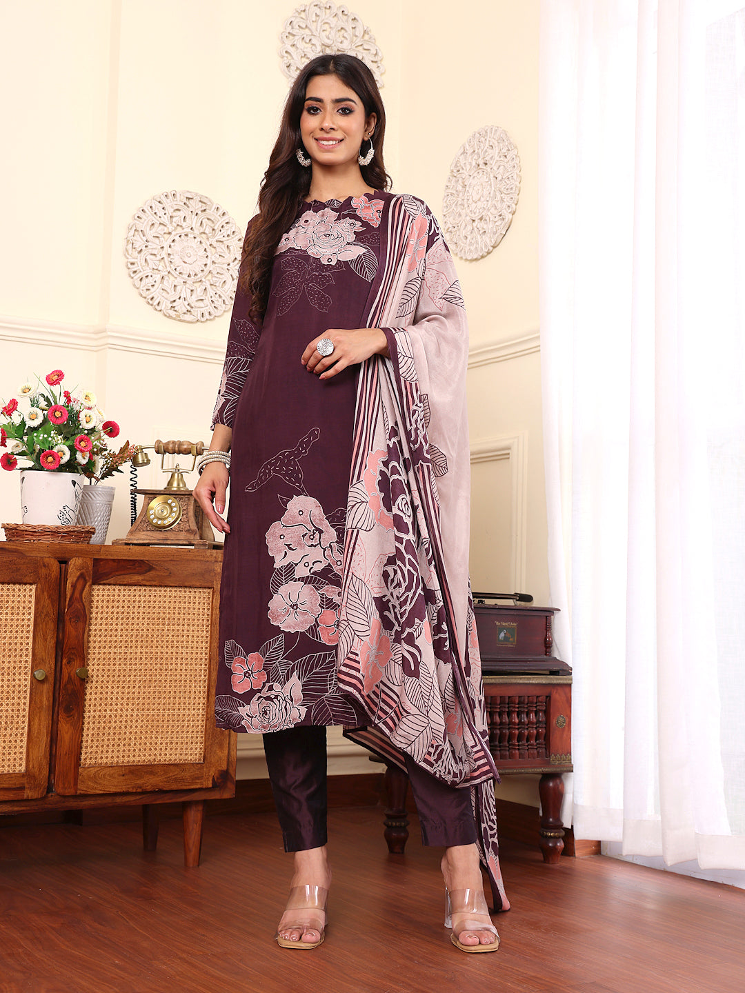 Varanga Women Pure Purple Floral Printed Kurta Set And Dupatta - Distacart
