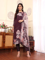 Thumbnail for Varanga Women Pure Purple Floral Printed Kurta Set And Dupatta - Distacart