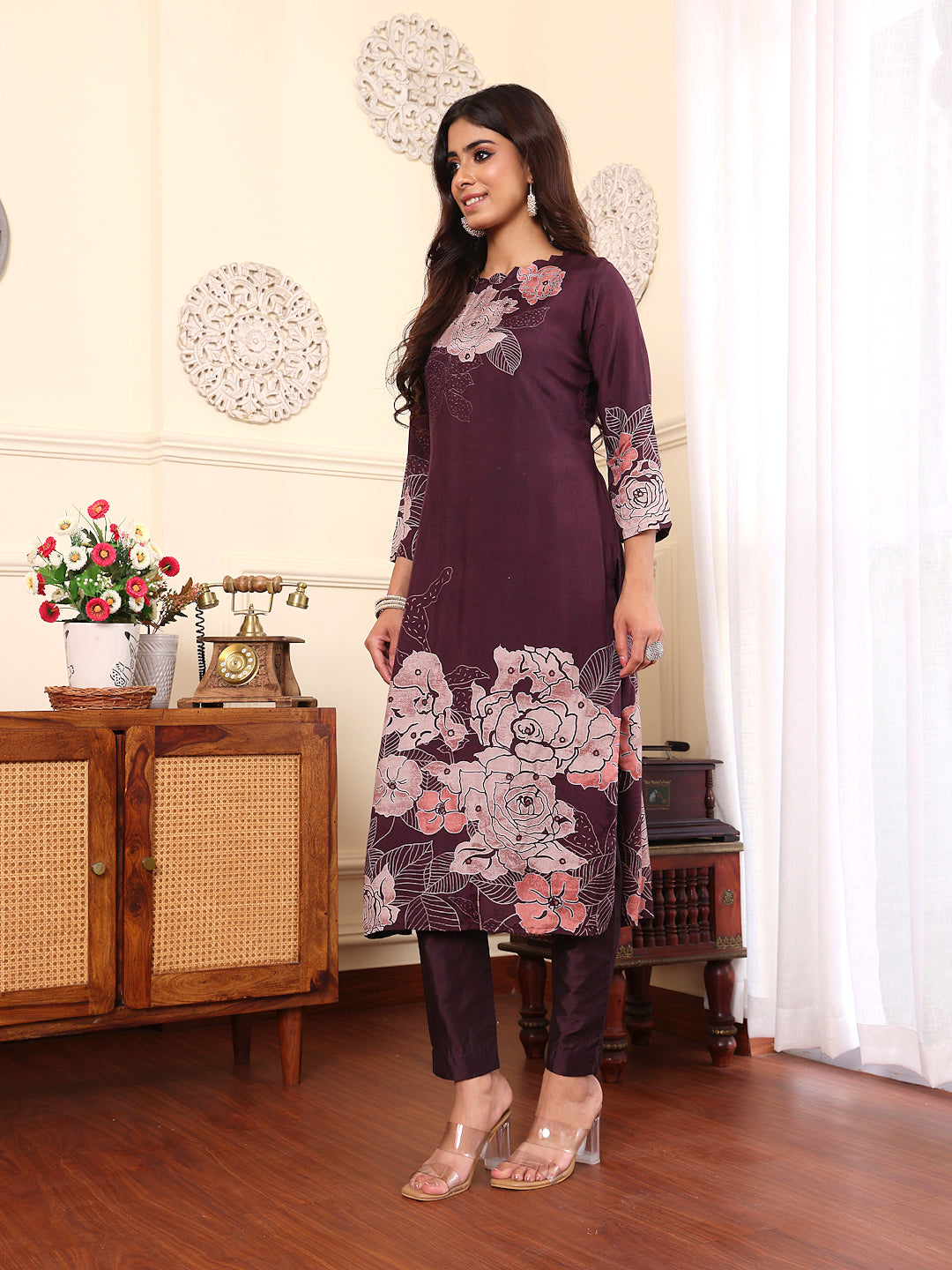 Varanga Women Pure Purple Floral Printed Kurta Set And Dupatta - Distacart