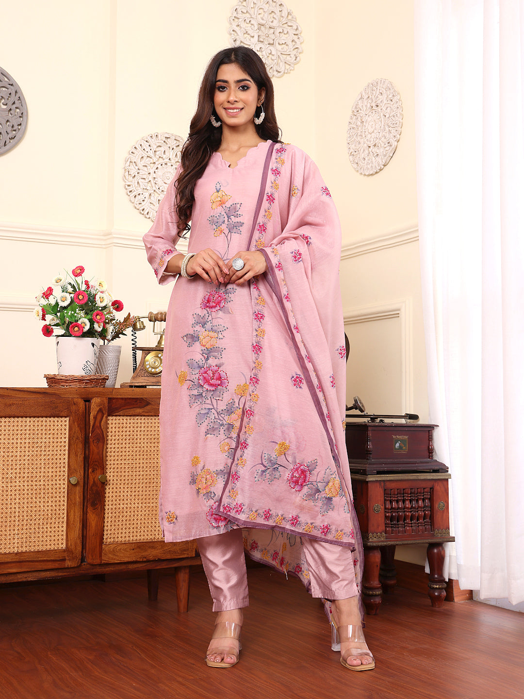 Varanga Women Pure Mauve Kantha Hand Embroidered Kurta Set With Dupatta - Distacart