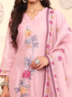 Thumbnail for Varanga Women Pure Mauve Kantha Hand Embroidered Kurta Set With Dupatta - Distacart