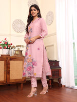 Thumbnail for Varanga Women Pure Mauve Kantha Hand Embroidered Kurta Set With Dupatta - Distacart