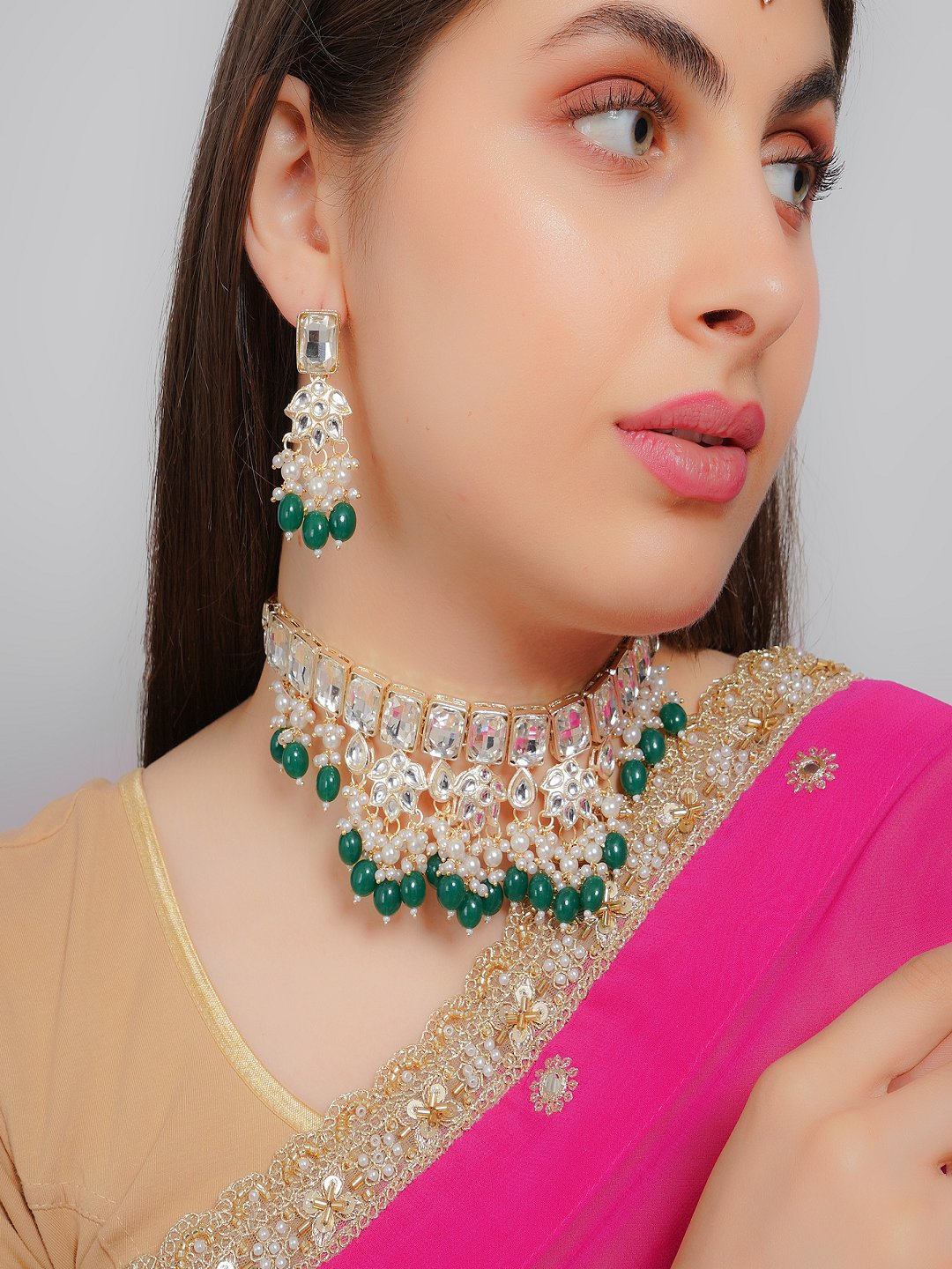 Divisha Alloy Gold-plated Green Traditional Jewellery Set