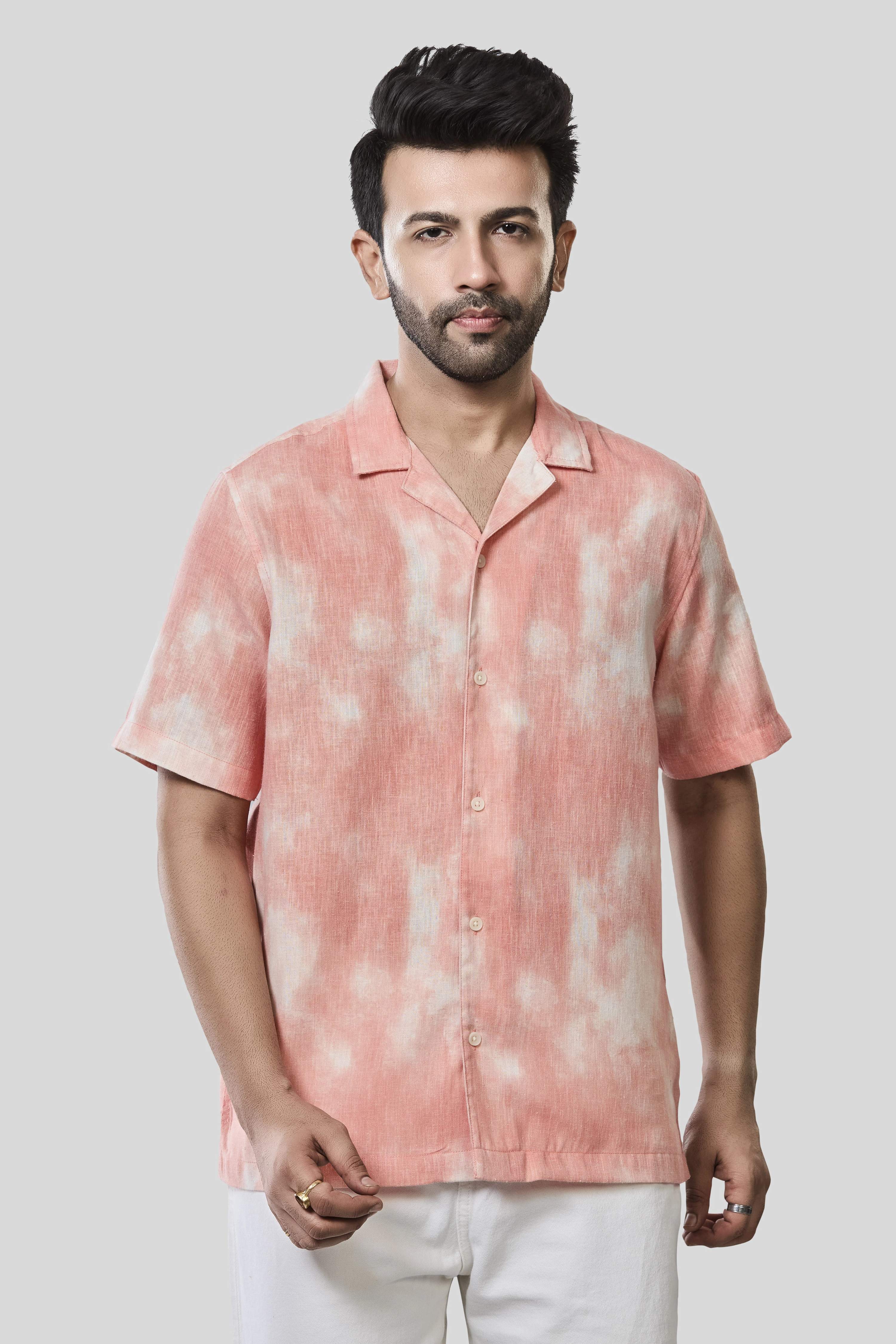 Xkind Orange Printed Slub Relaxed Fit Shirt