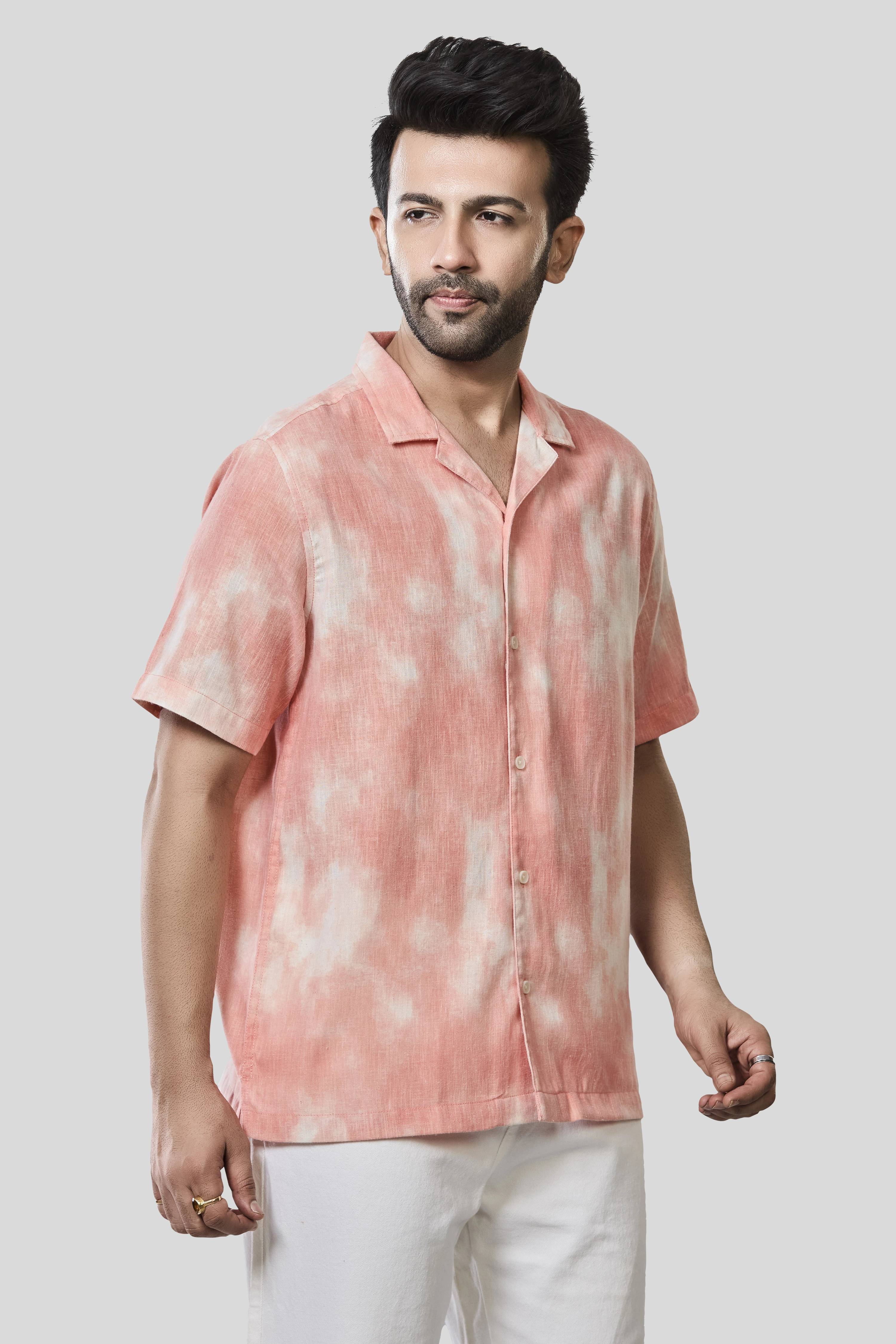 Xkind Orange Printed Slub Relaxed Fit Shirt