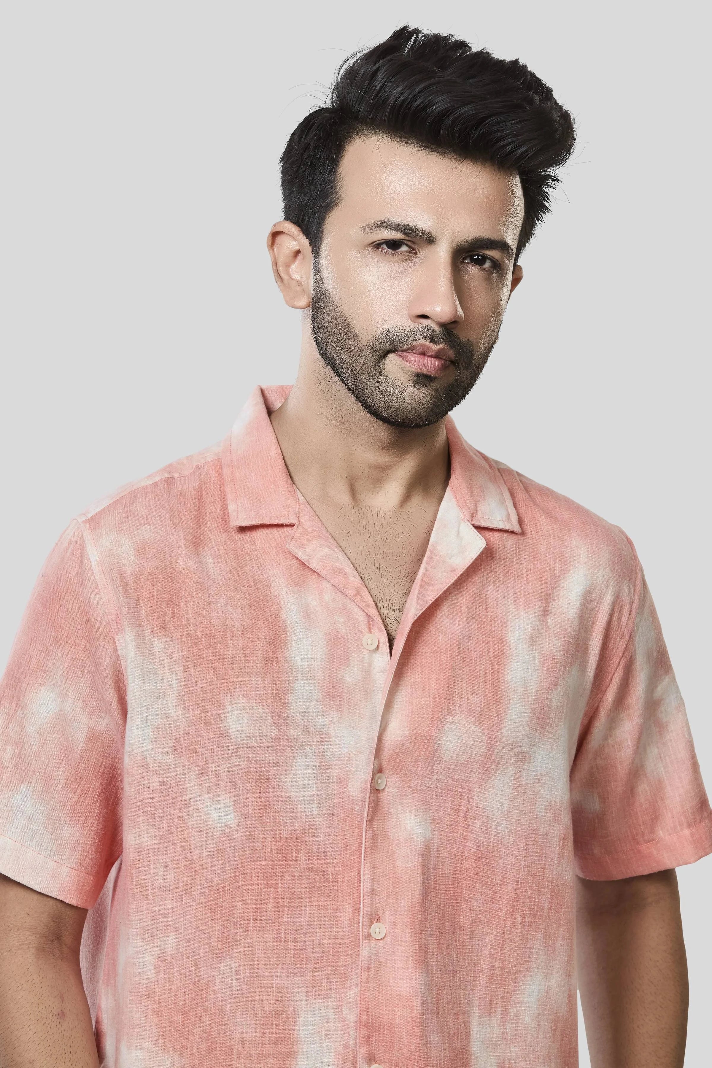 Xkind Orange Printed Slub Relaxed Fit Shirt