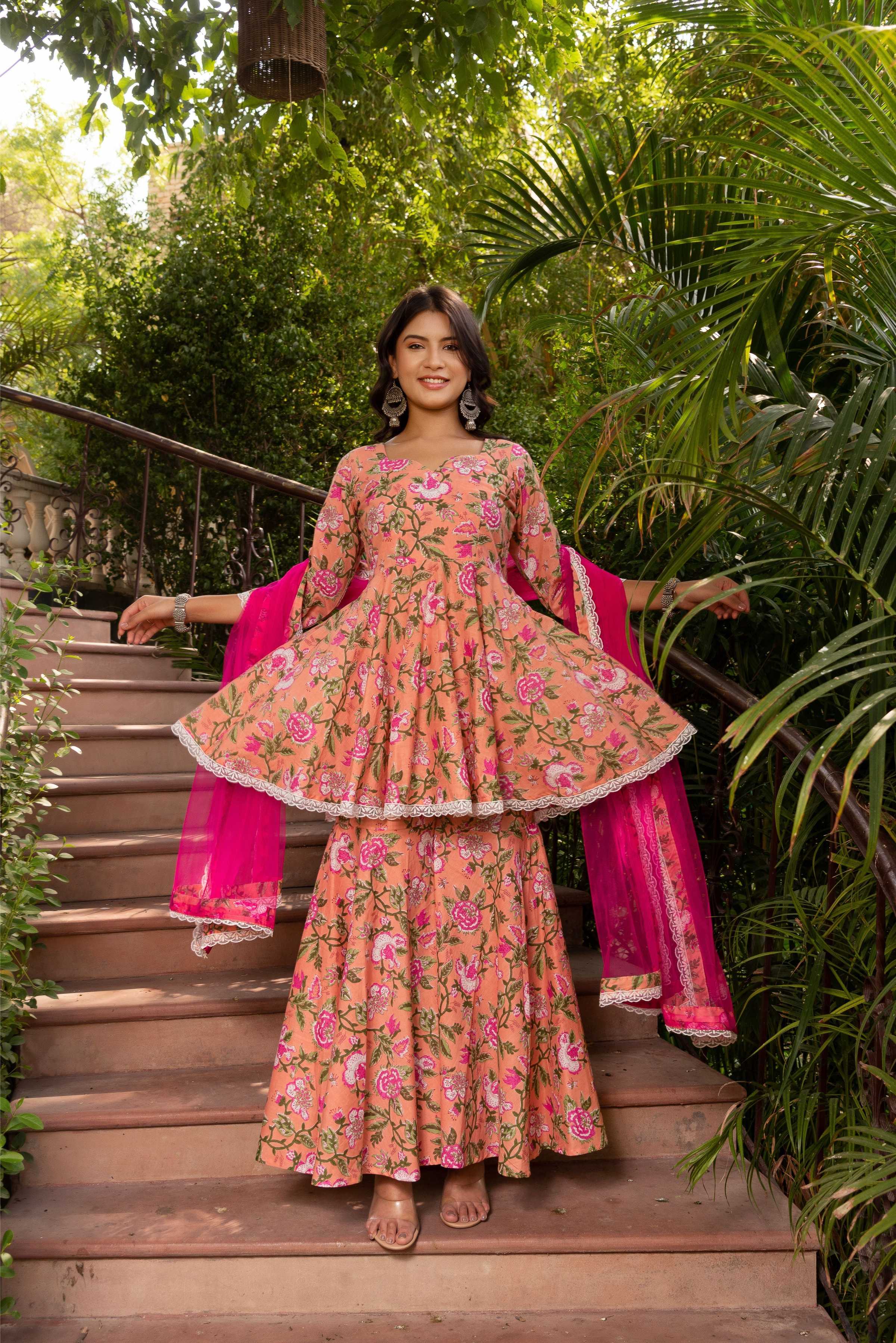 Pomcha Jaipur Gaurangi Peach Cotton Floral Sharara Set - Distacart