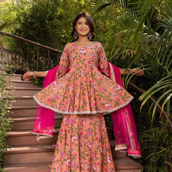 Pomcha Jaipur Gaurangi Peach Cotton Floral Sharara Set - Distacart