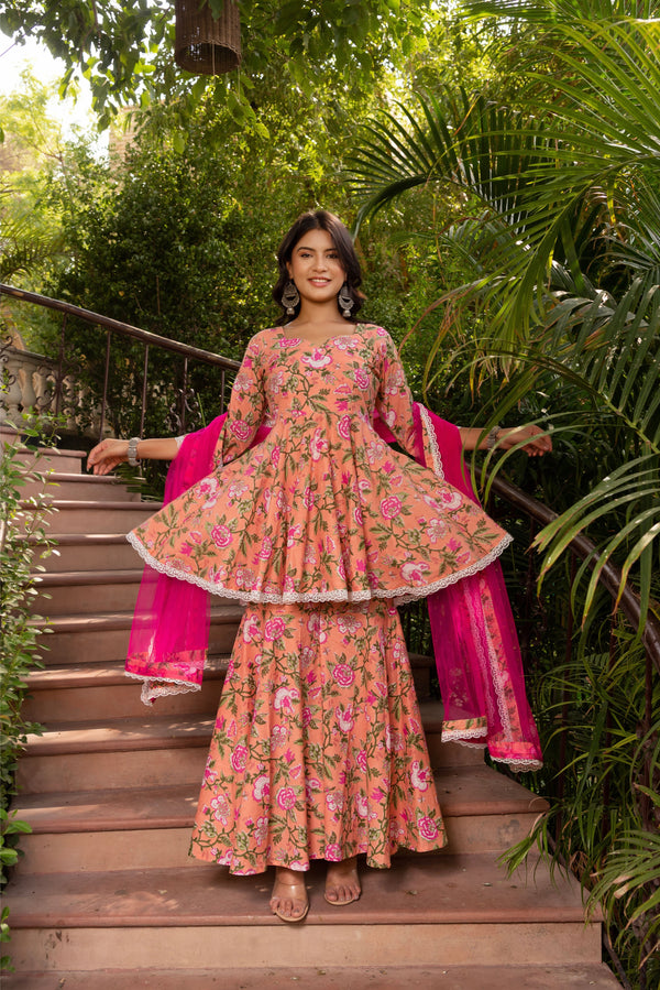 Pomcha Jaipur Gaurangi Peach Cotton Floral Sharara Set
