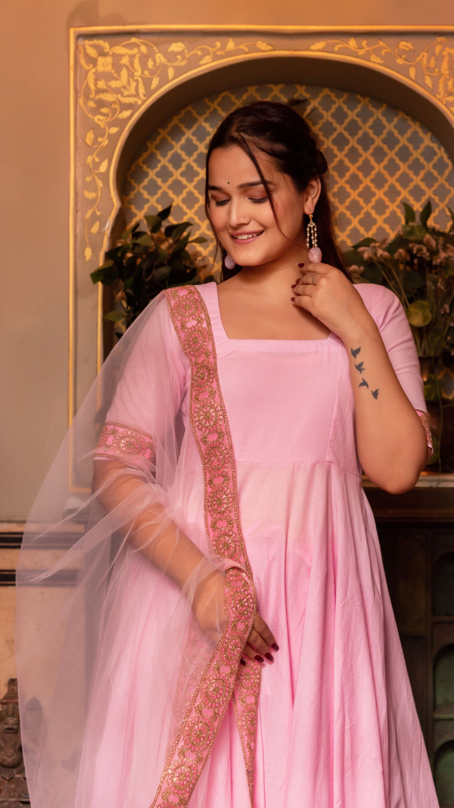 Pomcha Jaipur Gaurangi Pink Gota Lace Embroidery Cotton Anarkali Set