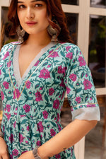 Thumbnail for Pomcha Jaipur Gaurangi Blue Pink Cotton Printed Anarkali Set