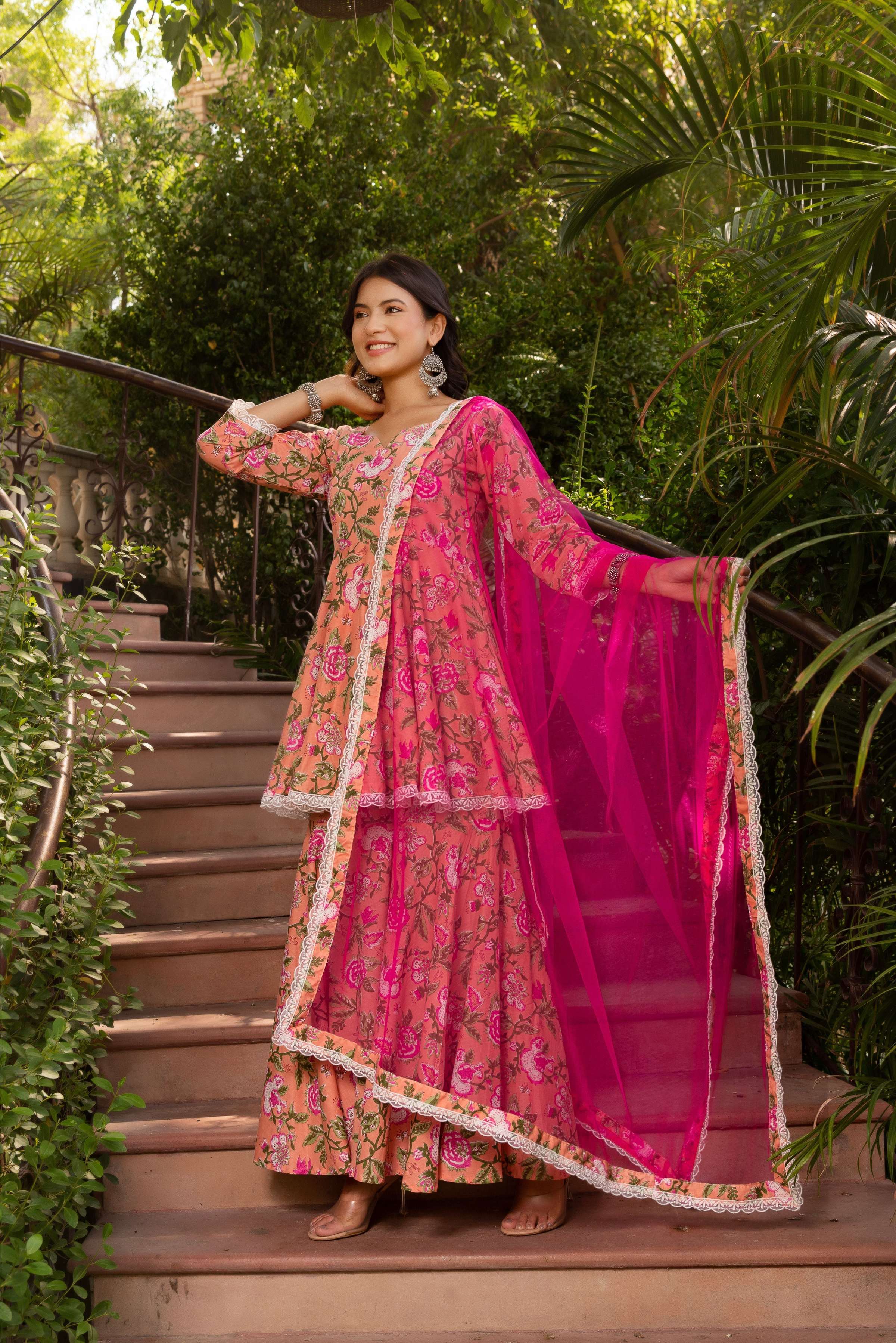 Pomcha Jaipur Gaurangi Peach Cotton Floral Sharara Set - Distacart