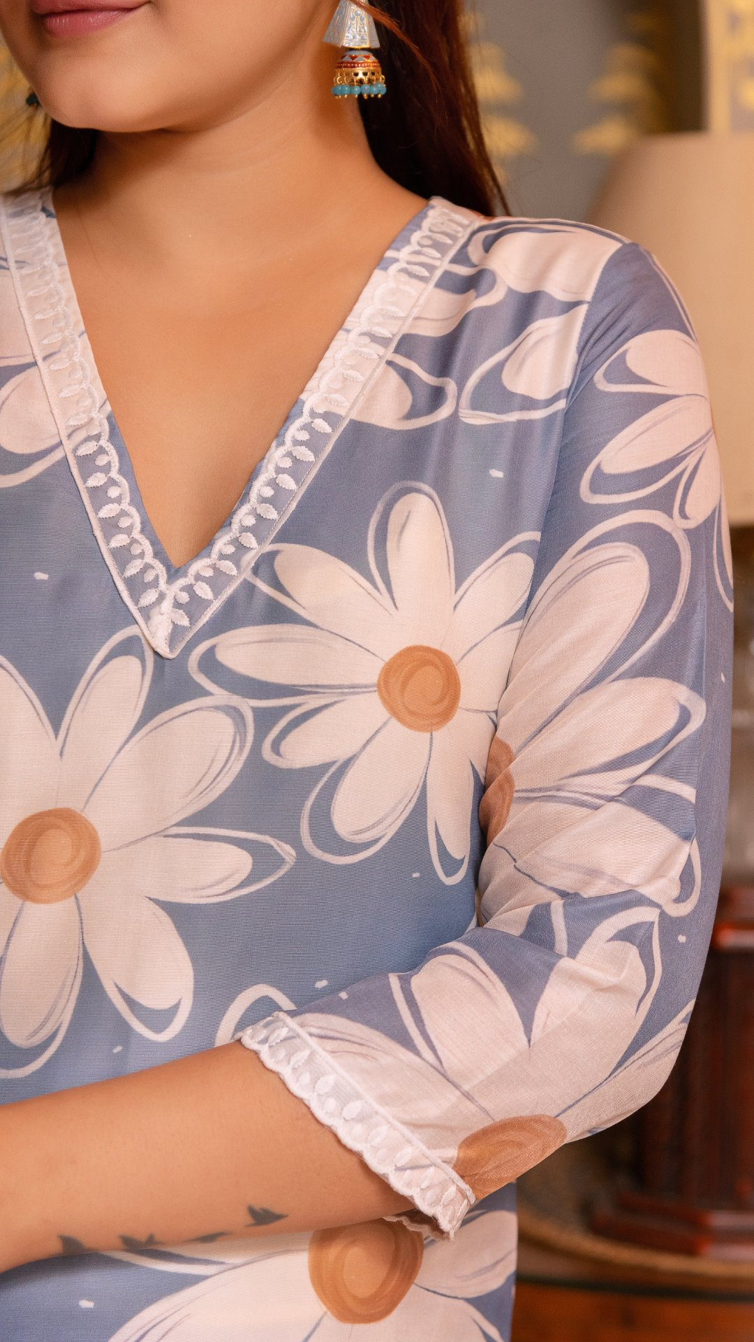 Pomcha Jaipur Gaurangi White Phool Powder Blue Muslin Suit Set