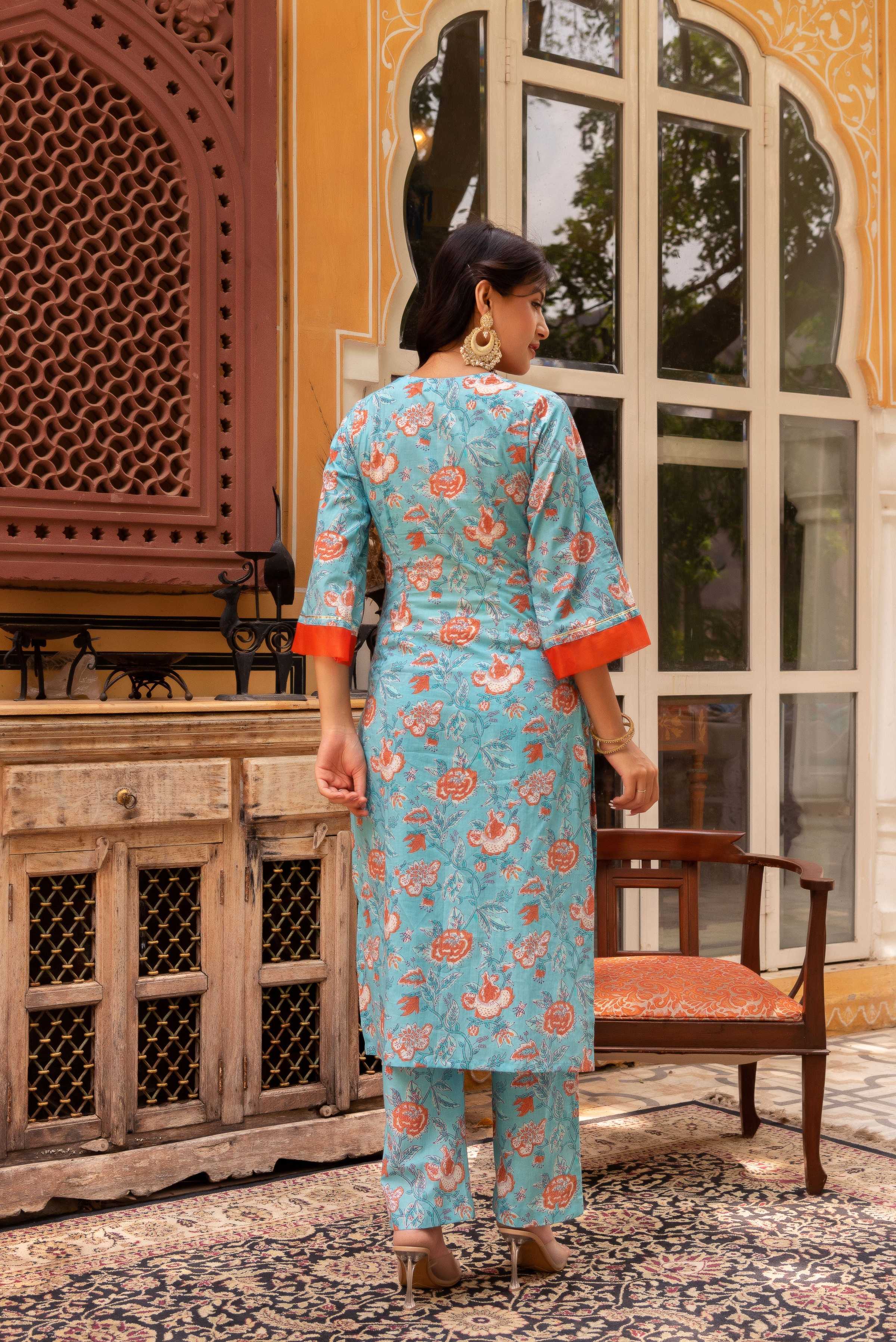 Pomcha Jaipur Gaurangi Blue Orange Cotton Floral Print Suit Set - Distacart