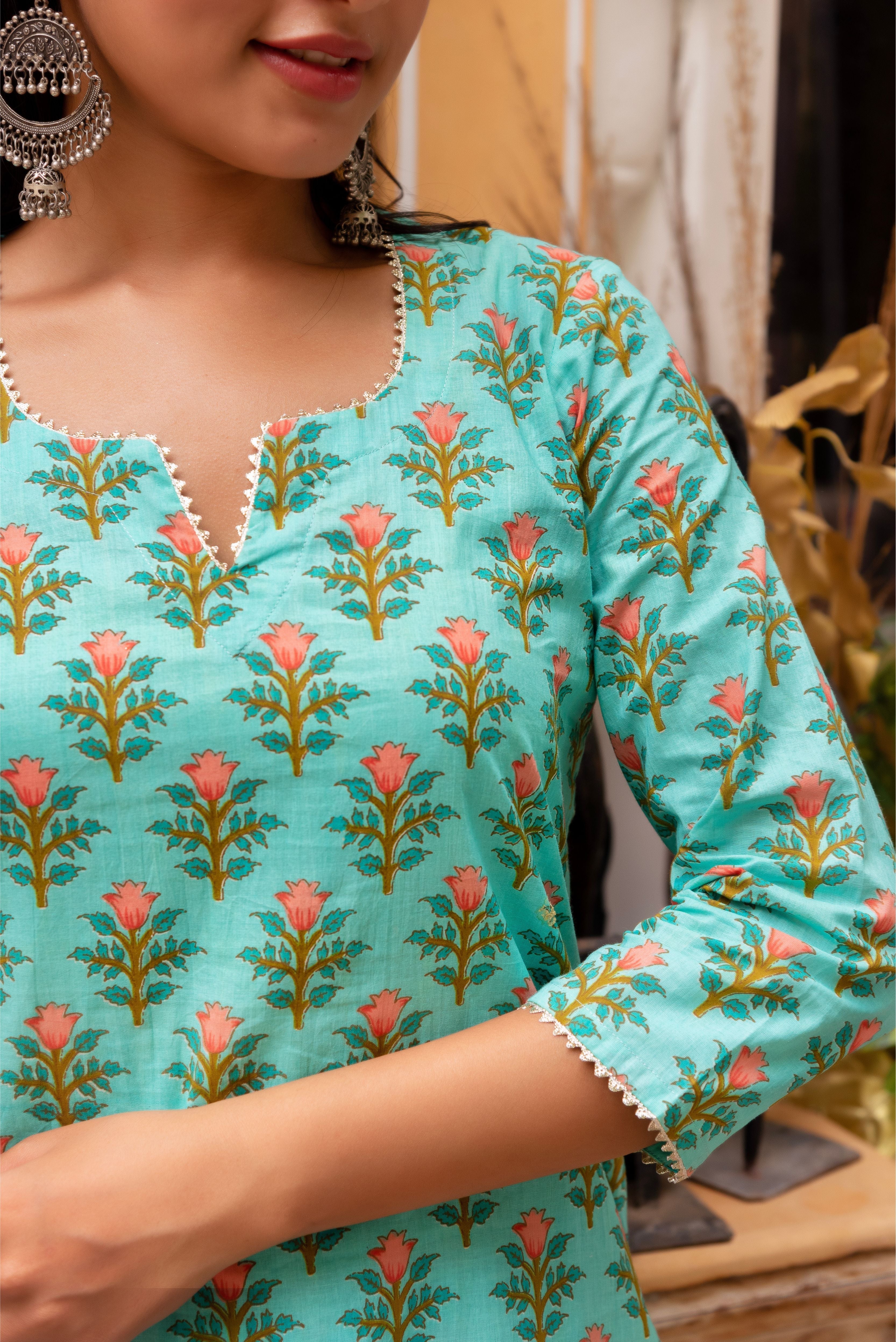 Pomcha Jaipur Gaurangi Aqua Green Cotton Printed Suit Set