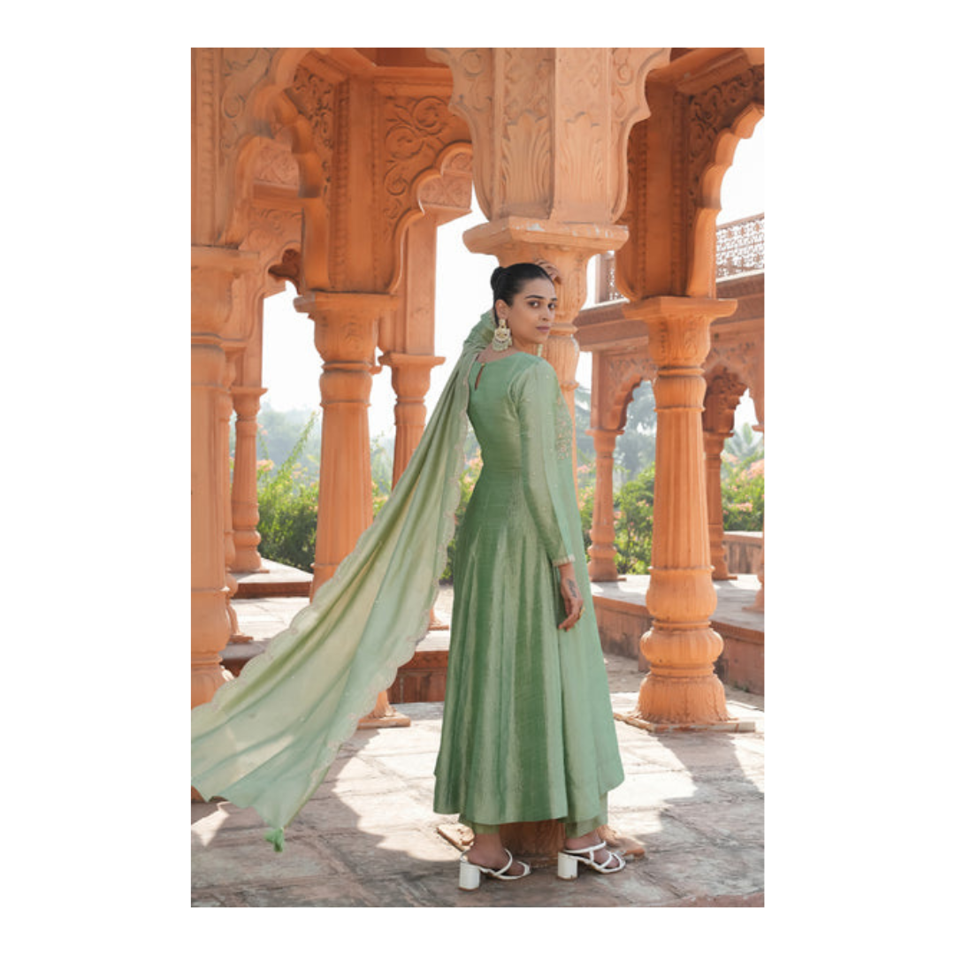 The52 Women's Beautiful Vichitra Silk Fabric Embroidery Work Flared Anarkali Pant and Dupatta Set - Dista