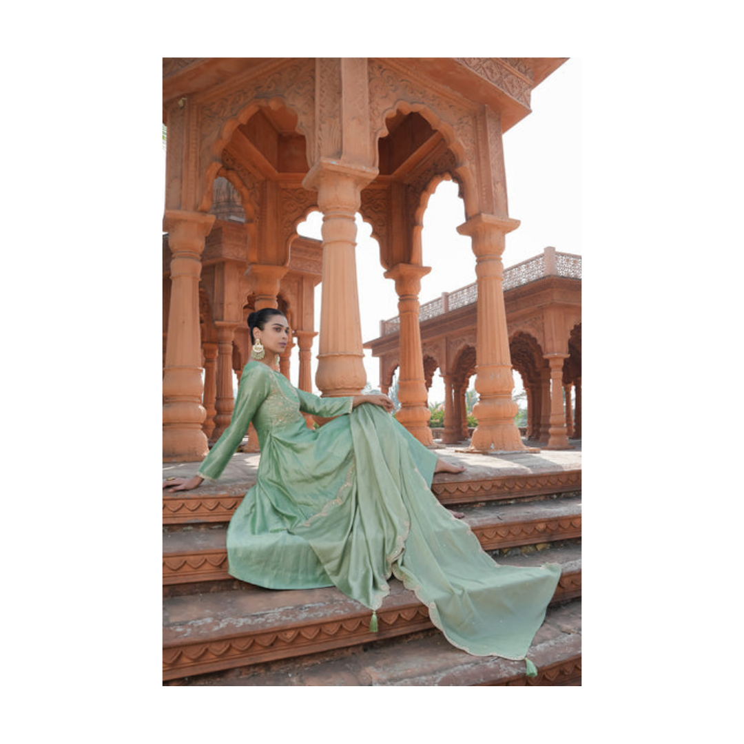 The52 Women's Beautiful Vichitra Silk Fabric Embroidery Work Flared Anarkali Pant and Dupatta Set - Dista
