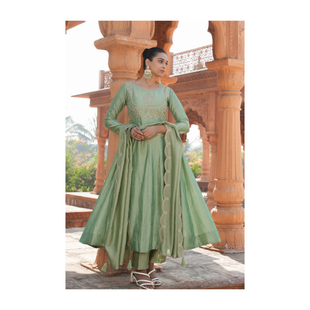 The52 Women's Beautiful Vichitra Silk Fabric Embroidery Work Flared Anarkali Pant and Dupatta Set - Dista