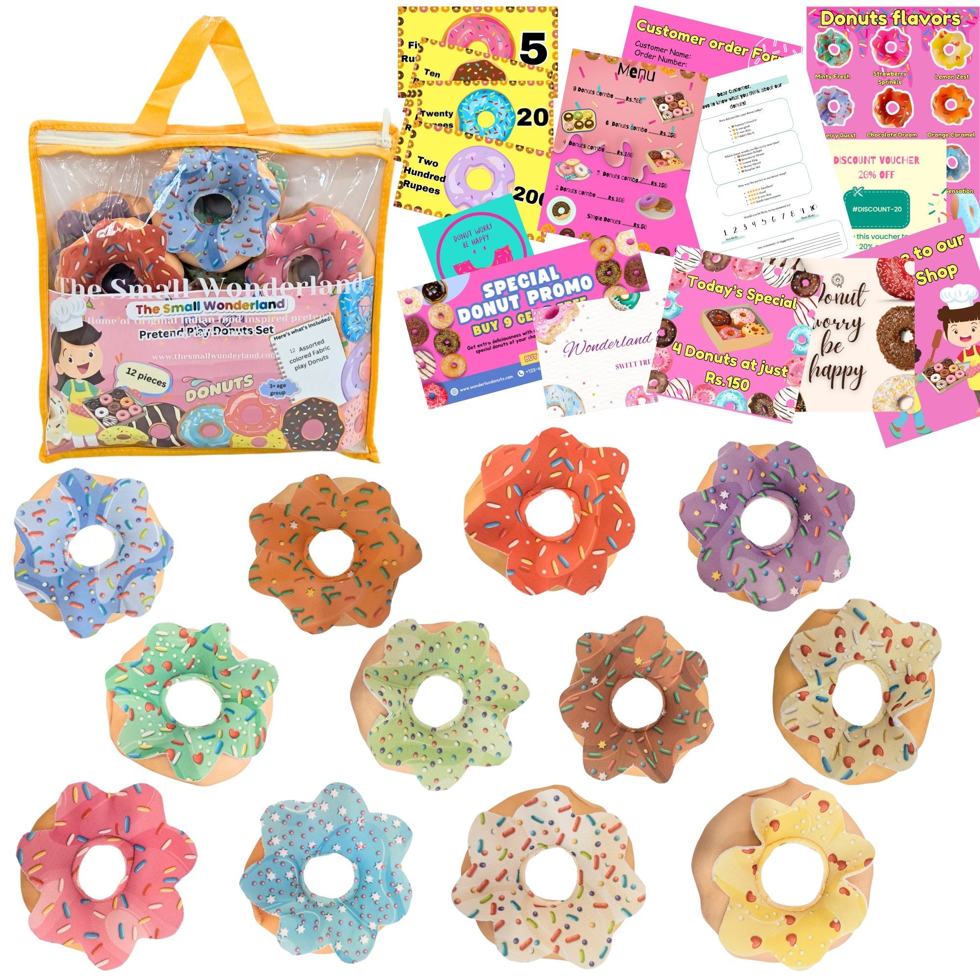 The Small Wonderland Pretend Play Donut Shop Set – 12 Colorful Fabric Donuts with Play Menu, ATM Cards, Money, and Shop Poster