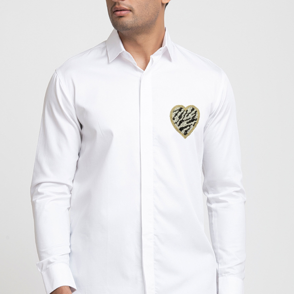 White And Black Heart Shaped Patch Shirt by Hilo Design - Distacart
