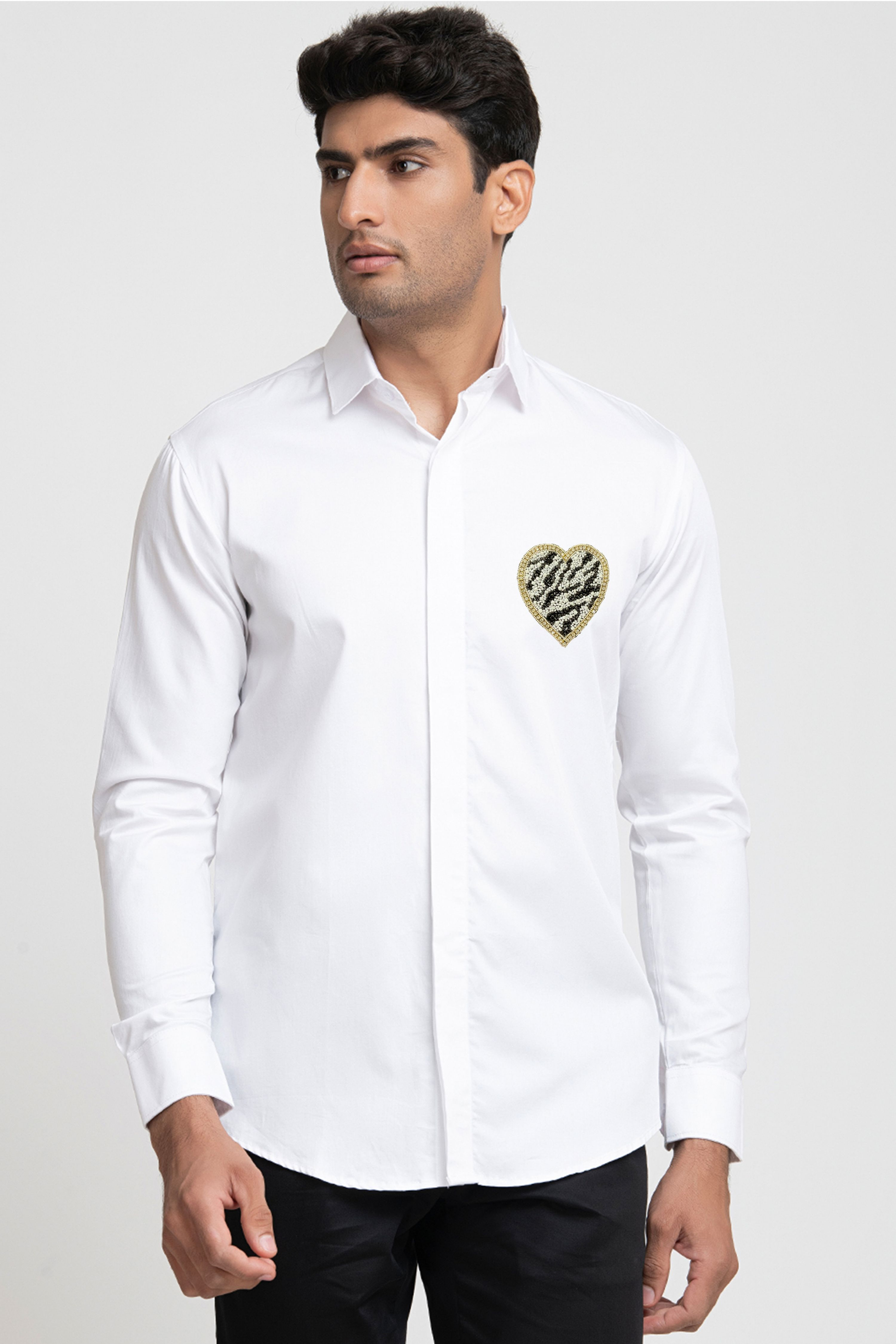 White And Black Heart Shaped Patch Shirt by Hilo Design - Distacart