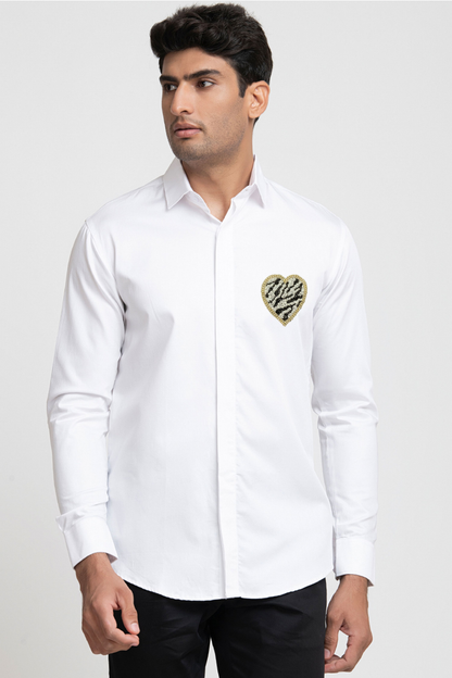White And Black Heart Shaped Patch Shirt by Hilo Design - Distacart