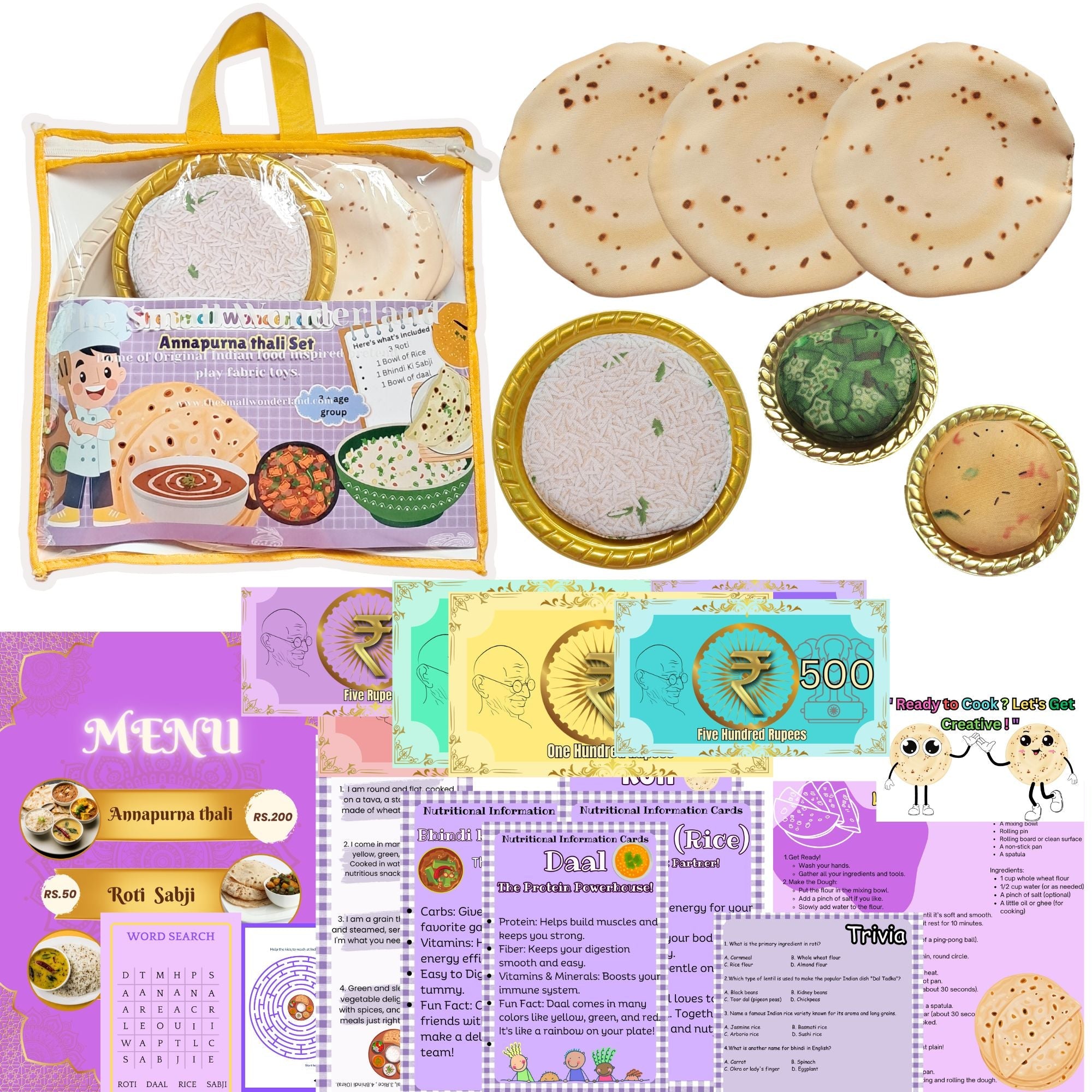 The Small Wonderland Annapurna Thali Pretend Play Set -Roti,Daal ,Rice ,bhindi ki sabji - Indian Food Inspired Pretend Play toys - Distacart
