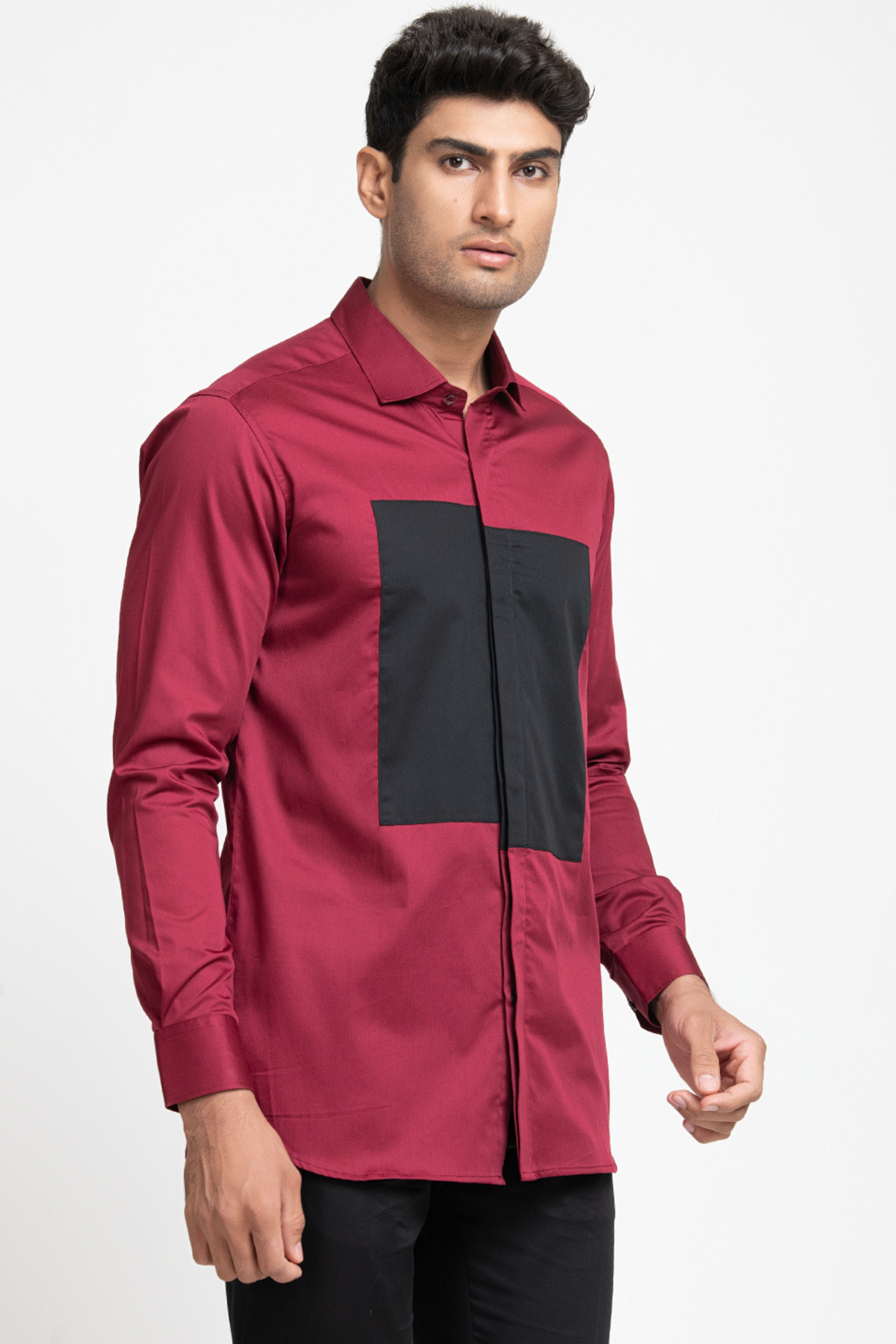 Red Shirt With Black Patch Box Shirt by Hilo Design