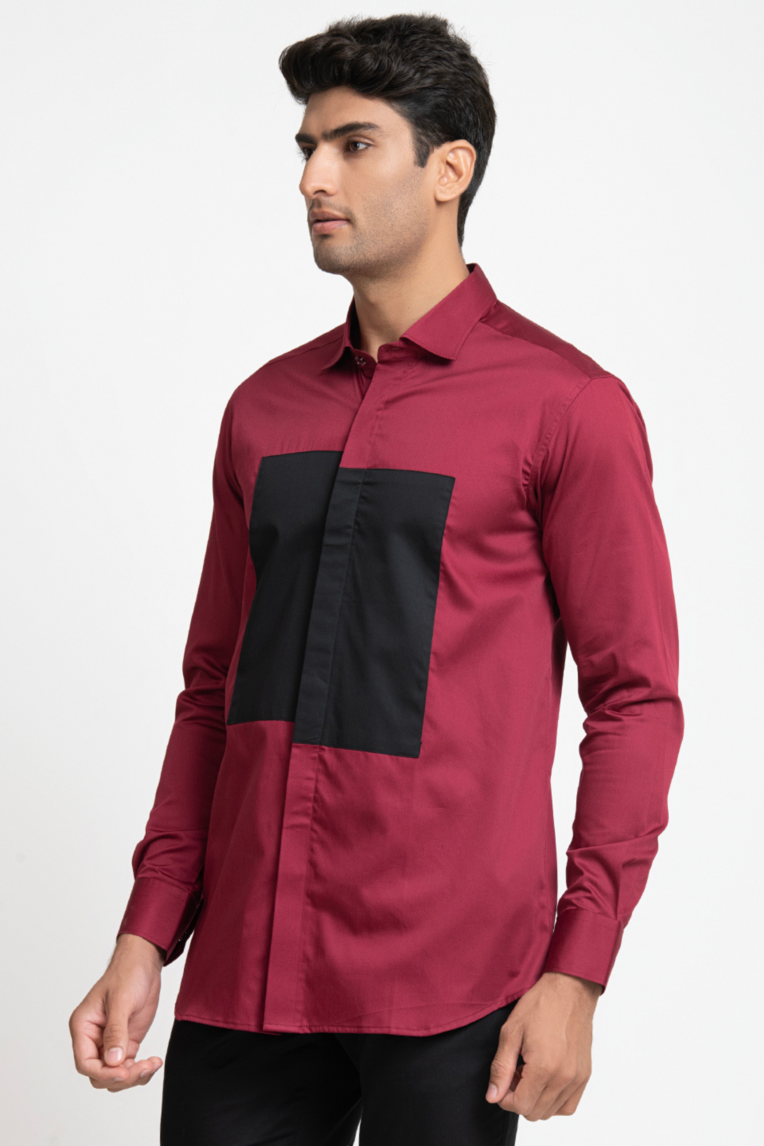 Red Shirt With Black Patch Box Shirt by Hilo Design