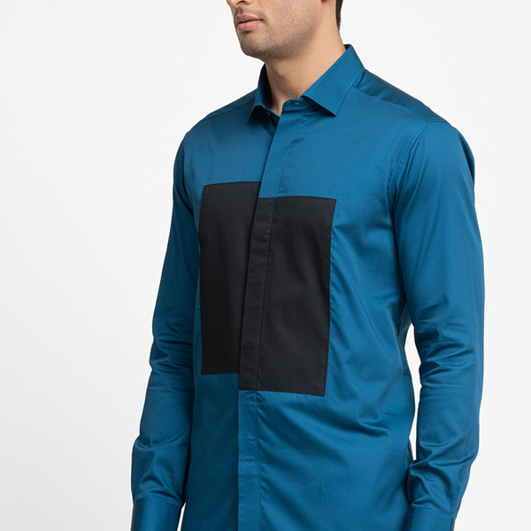 Blue Shirt With Black Patch Box Shirt by Hilo Design - Distacart