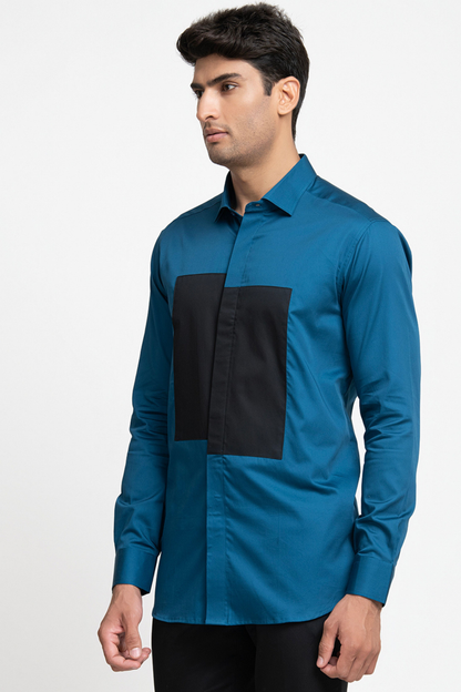 Blue Shirt With Black Patch Box Shirt by Hilo Design - Distacart