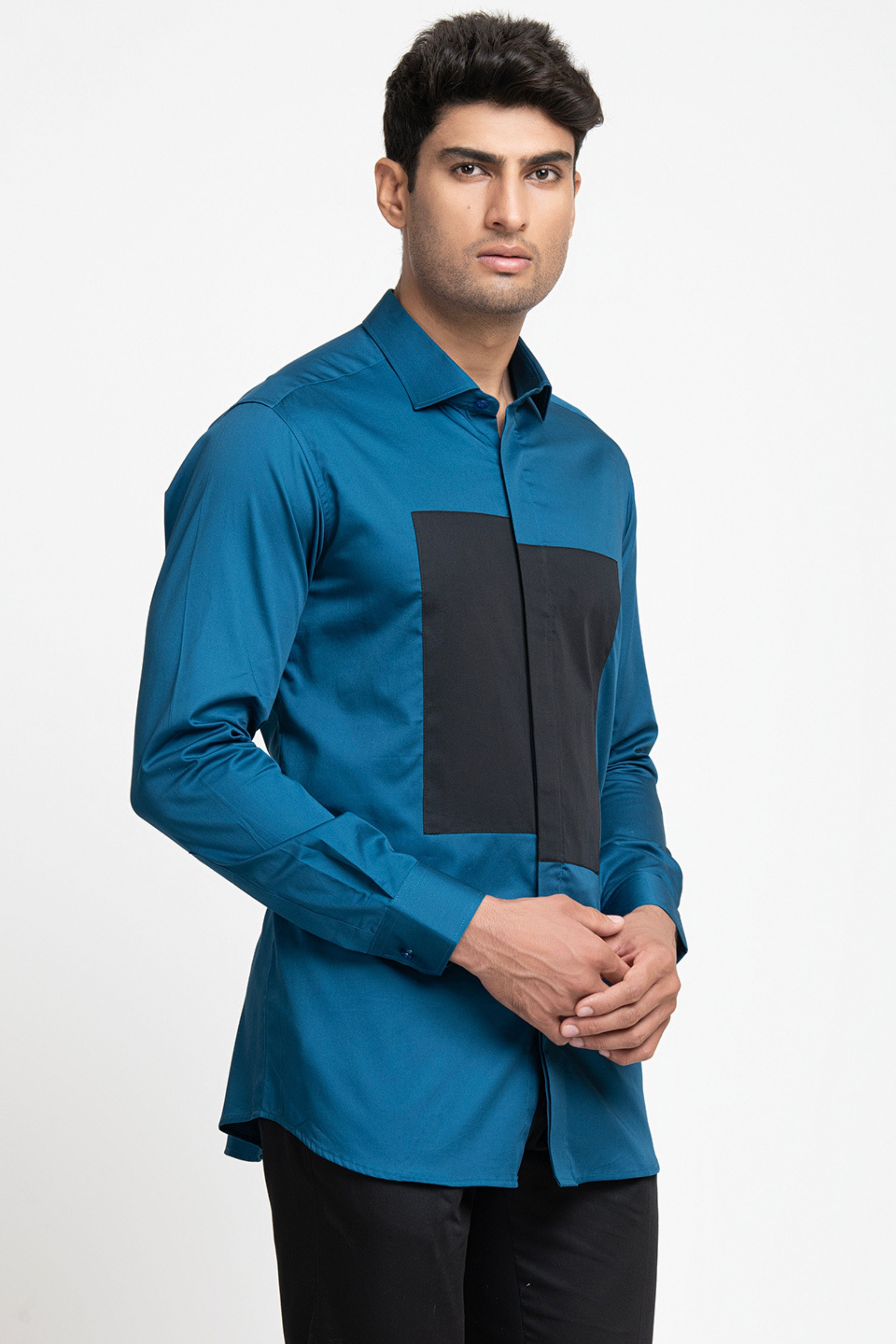 Blue Shirt With Black Patch Box Shirt by Hilo Design - Distacart