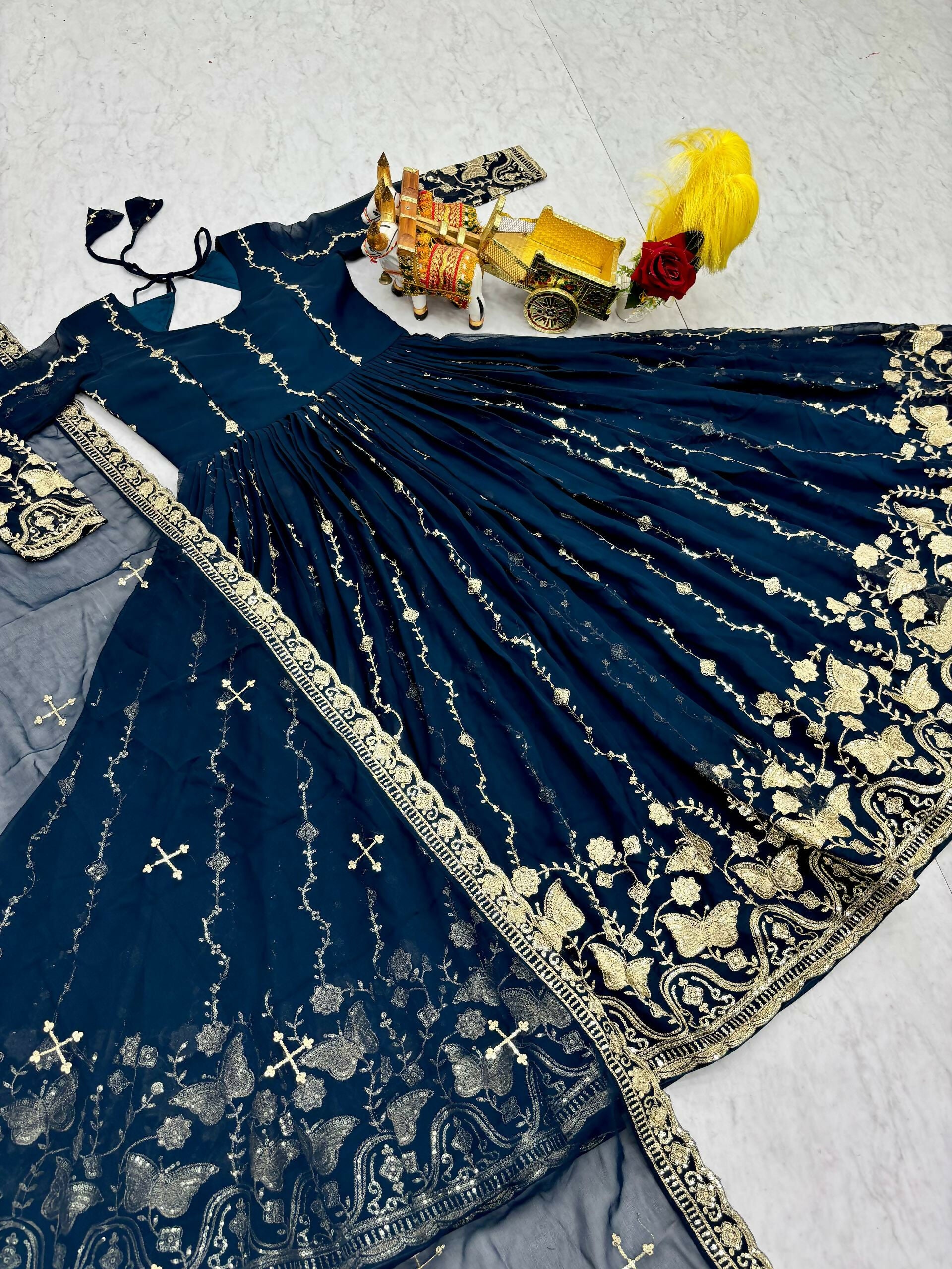 Teeya Creation Womens New Trendy Heavy Cording Sequence & Beads Embroidery Work Teal Gown Set - Dista