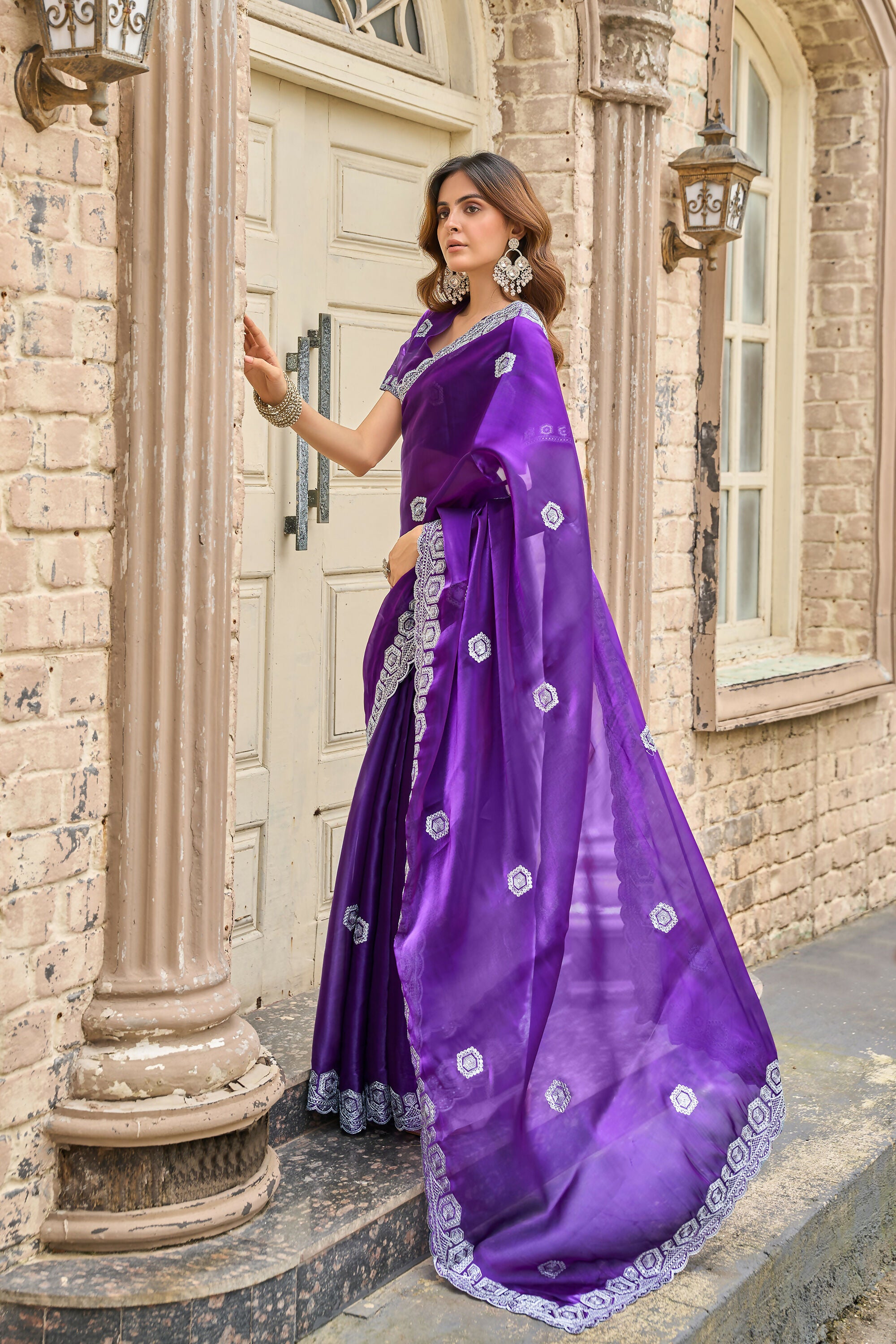 Vastranavya Purple-Blue Embroidery Work Shimmer Chiffon Saree with Unstitched Blouse