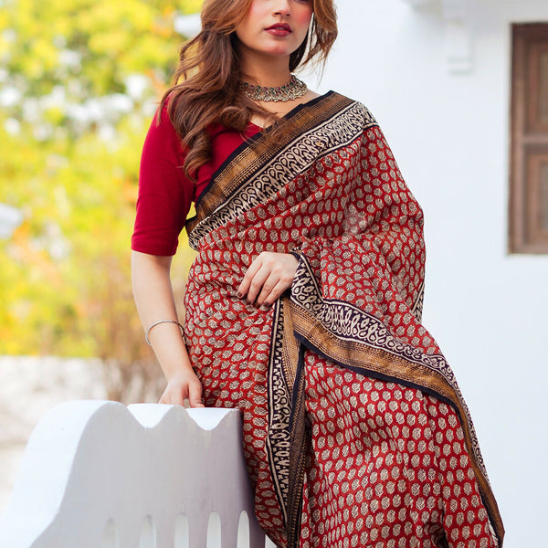 Zibaa Hand-Blocked Pure Maheshwari Silk Red Saree - Small Motifs