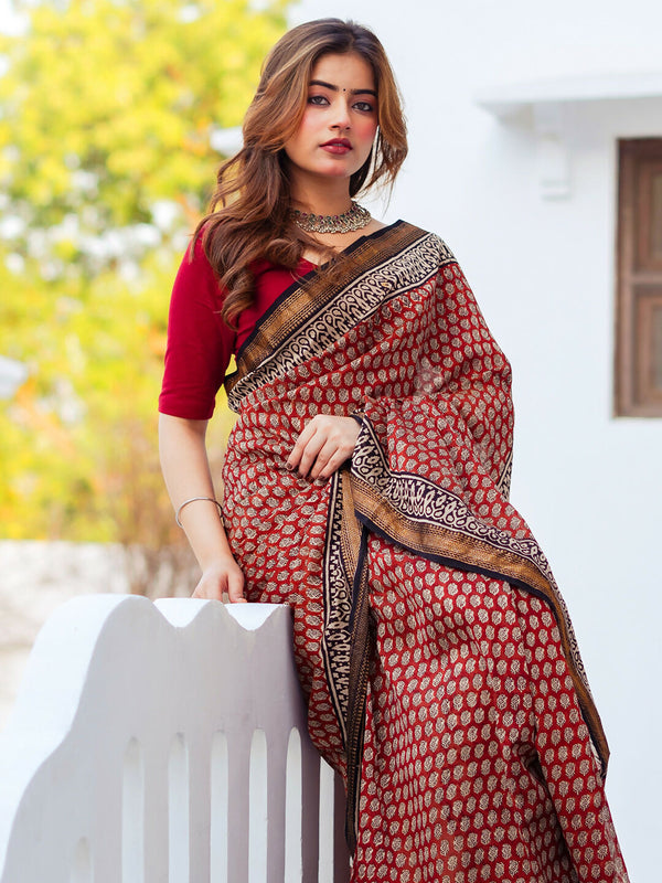 Zibaa Hand-Blocked Pure Maheshwari Silk Red Saree - Small Motifs