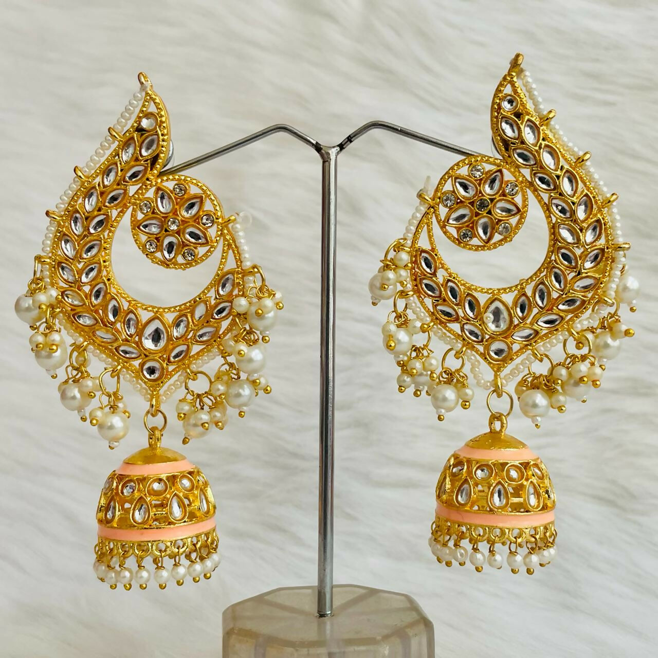 Beige Gold-Polished Peacock Design Brass Kundan Stone Handcrafted Jhumka Latkan Earrings For Women And Girls By House of Ree - Distacart