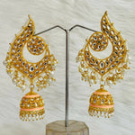 Thumbnail for Beige Gold-Polished Peacock Design Brass Kundan Stone Handcrafted Jhumka Latkan Earrings For Women And Girls By House of Ree - Distacart