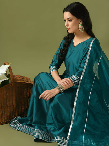 Myshka Women's Teal Solid Silk Anarkali Party Kurta With Dupatta - Distacart