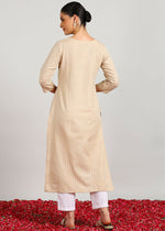 Thumbnail for Aavyora Women's Beige Woven Striped V-Neck Kurta