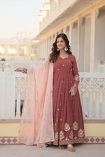 Thumbnail for Jyoti Fashion Women's Brown Faux Georgette Sequins Thread Embroidery Anarkali Dress with Dupatta - Distacart