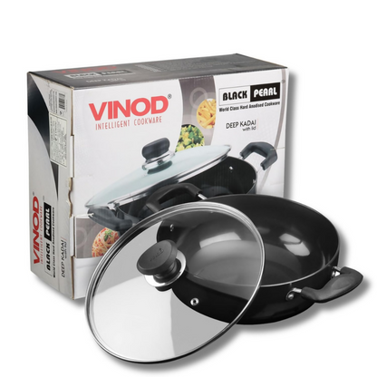 Vinod Black Pearl Hard Anodised Non Stick Deep Kadhai with Glass Lid - Dista