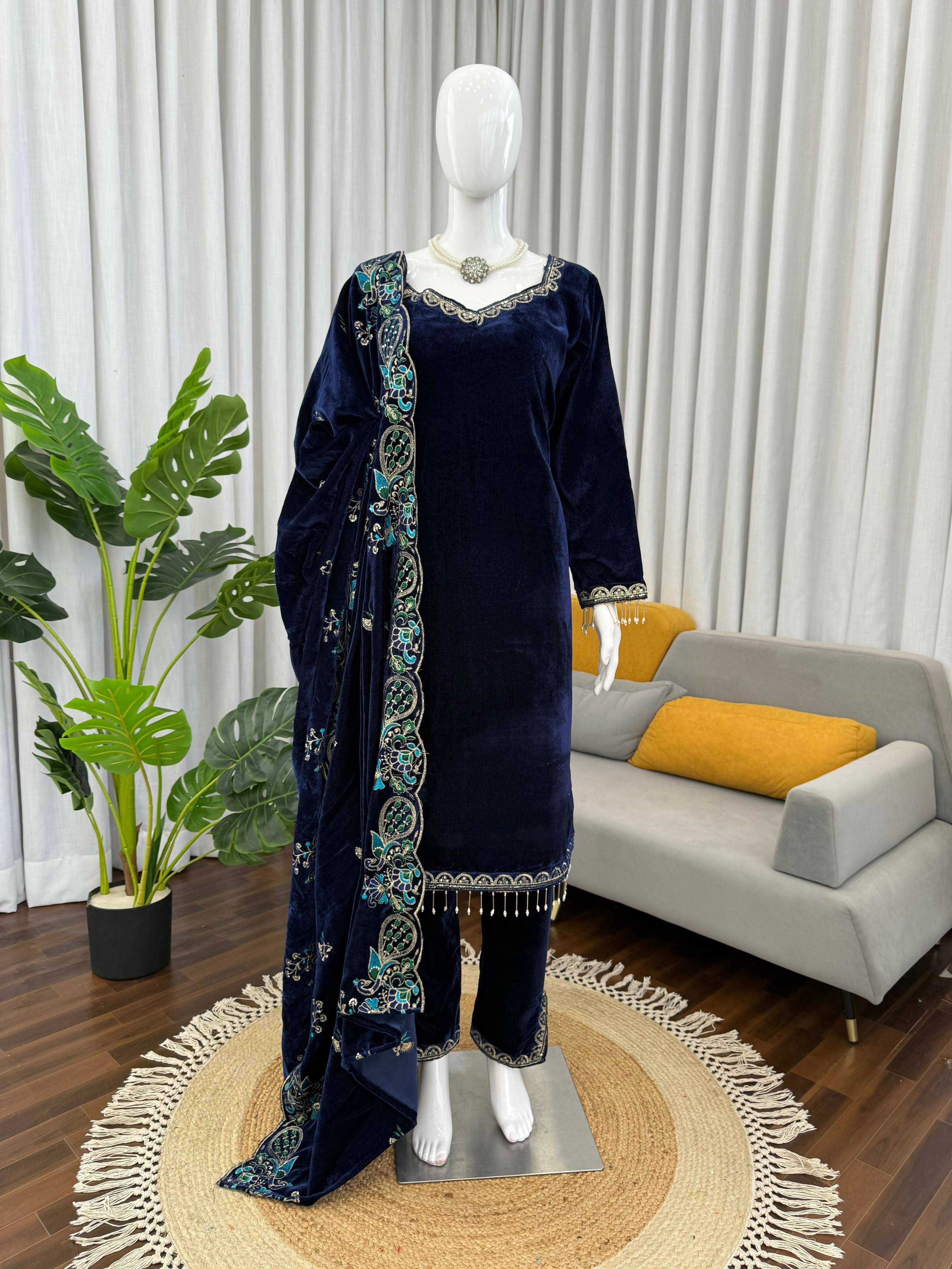 Teeya Creation Blue Color Velvet Designer Embroidery Work party Wear Suit