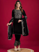 Thumbnail for Kalini Women Ethnic Motifs Embroidered Regular Sequinned Velvet Kurti with Pyjamas & With Dupatta