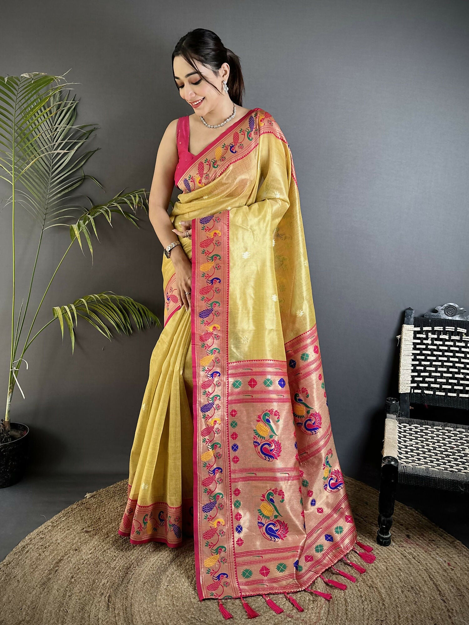 Joban Fashion Golden Yellow Zari Weaving Tissue Paithani Saree - Dista