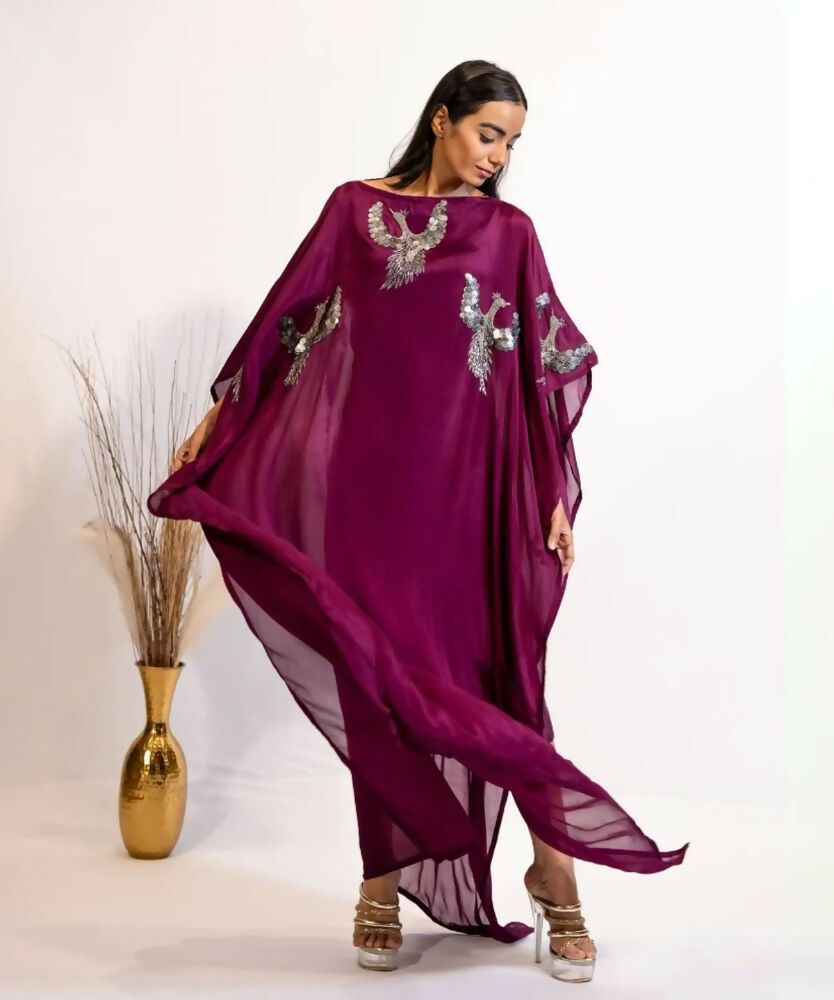 Timaraa Plum Hand Embellished Bird Kaftan Dress - Dista