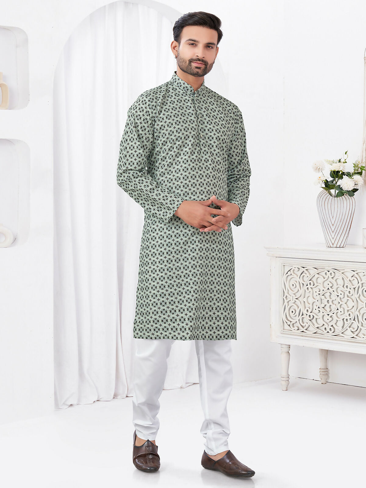 Joban Fashion Men's Rayon Cotton Grey Printed Kurta Pyjama set - Distacart