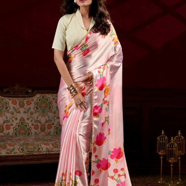 Vastranavya Peach Satin Silk Floral Printed with Pearl Lace Saree with Unstitched Blouse - Distacart